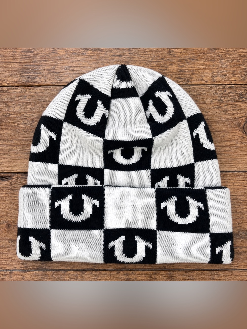 True Religion Black White Checkerboard Horseshoe Logo Knit Beanie Y2K Unisex OS